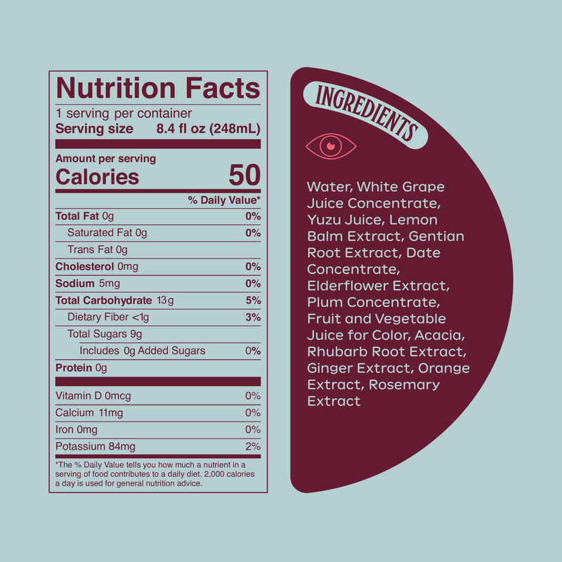 Nutrition label for Ghia Soda. Serving size: 8.4 fl oz (236ml). 50 calories per serving. 0g fat, 0mg cholesterol, 5mg sodium, 12g total carbohydrates, 8g total sugars, 0g added sugars, 0g protein. Ingredients include white grape juice, yuzu, lemon balm, and botanical extracts.