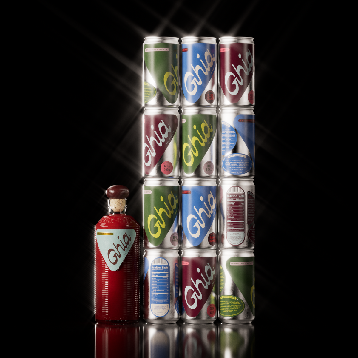 Ghia apéritif bottle beside a stacked wall of Le Spritz cans in assorted flavors on a black background