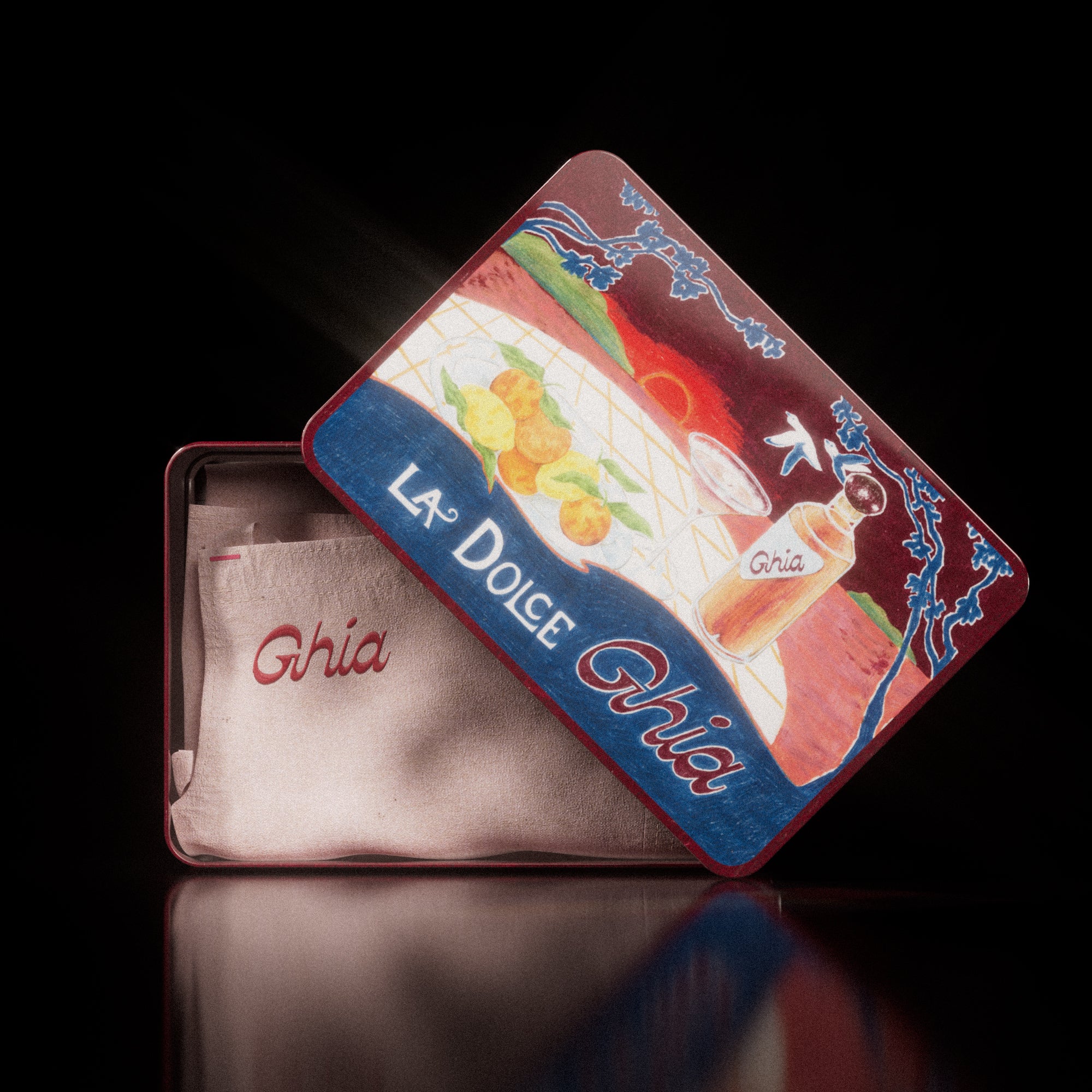 An open Ghia tin box with