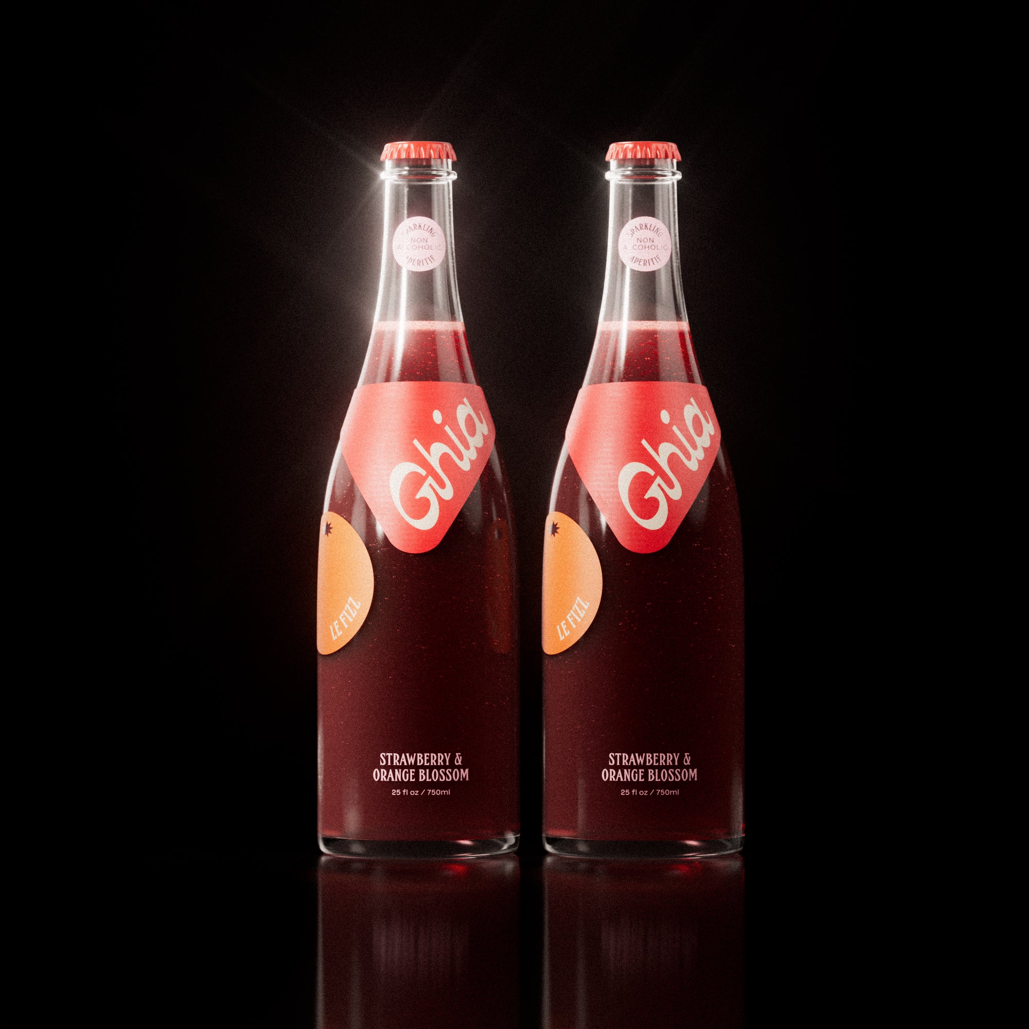 Two non-alcoholic spritz Ghia bottles filled with a deep red strawberry and orange blossom beverage, featuring red labels and sealed with matching red caps.