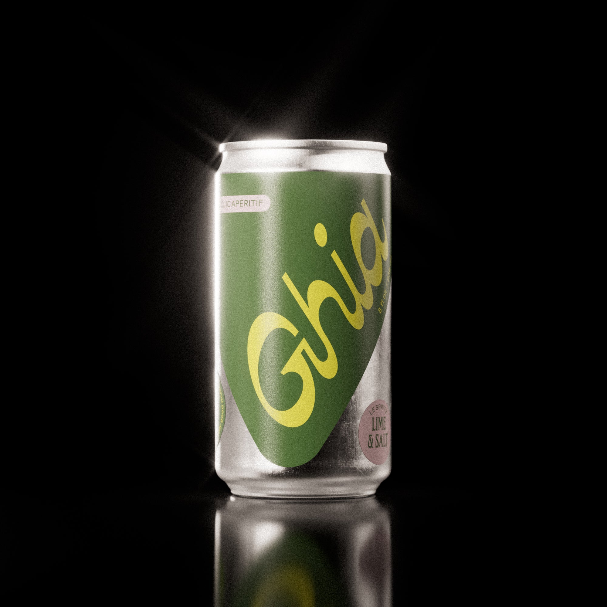 A Ghia non-alcoholic spritz can with a green label, yellow lettering, and a silver aluminum body, featuring a lime and salt flavored  featuring a non-alcoholic spritz beverage.