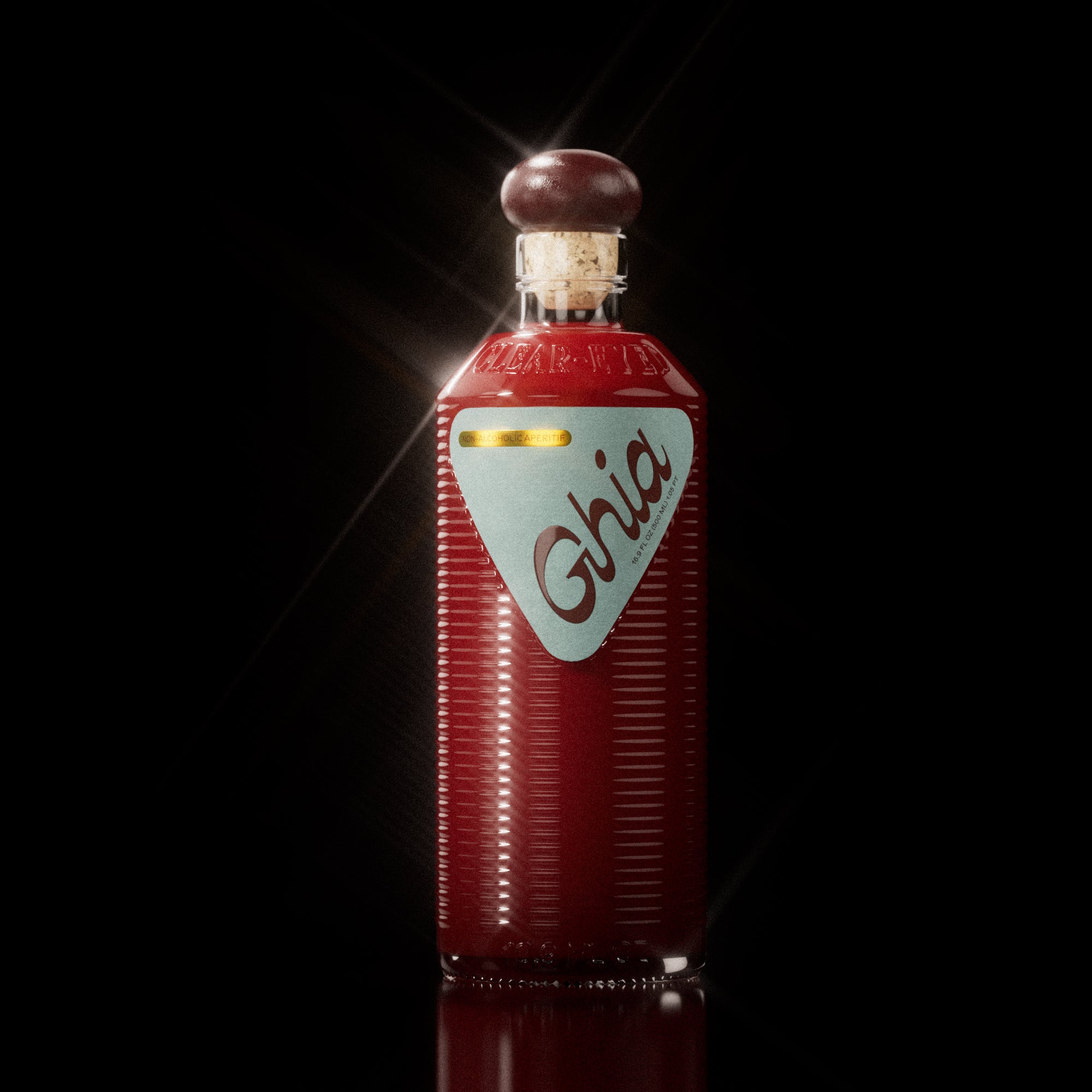 A Ghia non-alcoholic beverage in flavor Original Apéritif bottle with a deep red hue, ribbed glass design, a burgundy cork top, and a light blue label featuring bold branding.