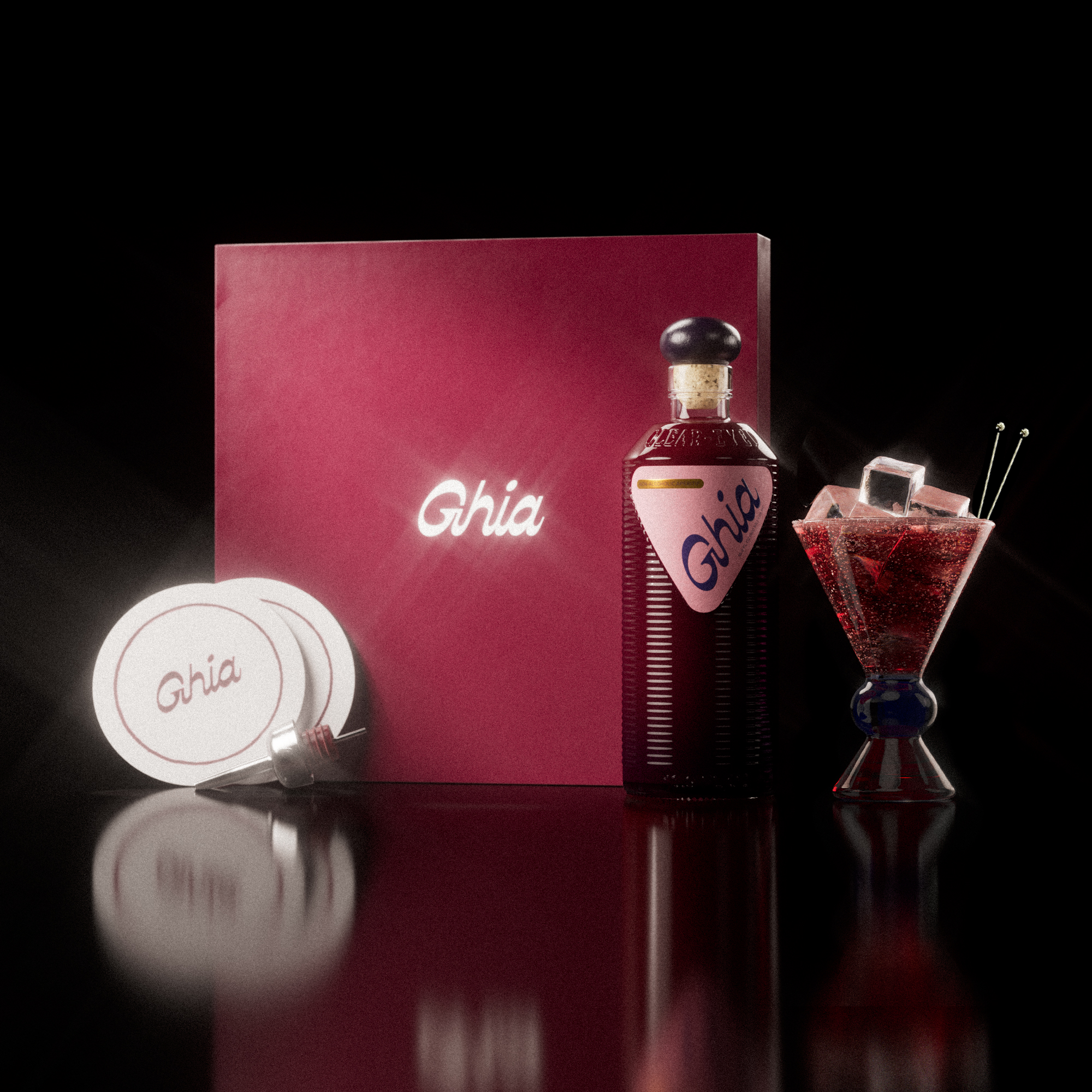 A Ghia non-alcoholic aperitif gift set with a burgundy box, paper coasters, 1 glass bottle of Berry Apéritif, and a decorative cocktail glass that has a blue and amber base.