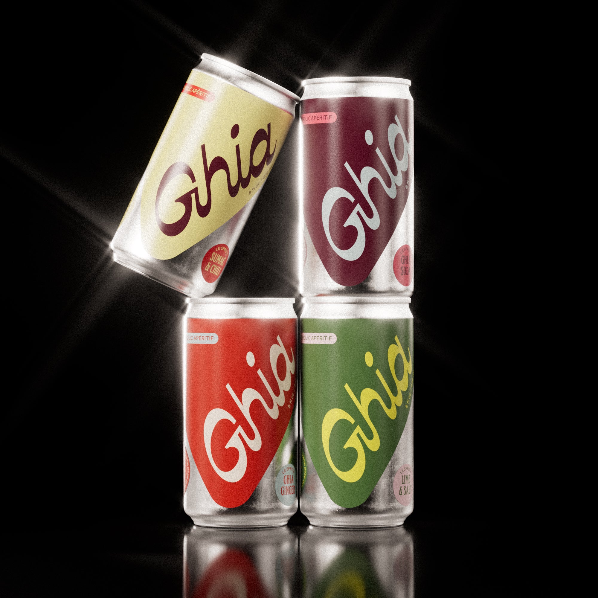 A collection of non-alcoholic spritz cans in vibrant colors, including flavors like Sumac & Chili, Ghia Soda, Ghia Ginger, and Lime & Salt. A refreshing, alcohol-free aperitif designed for mindful drinking