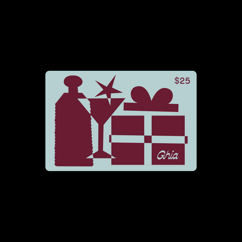 $25 Ghia gift card in mint with burgundy bottle, coupe glass and gift box illustration