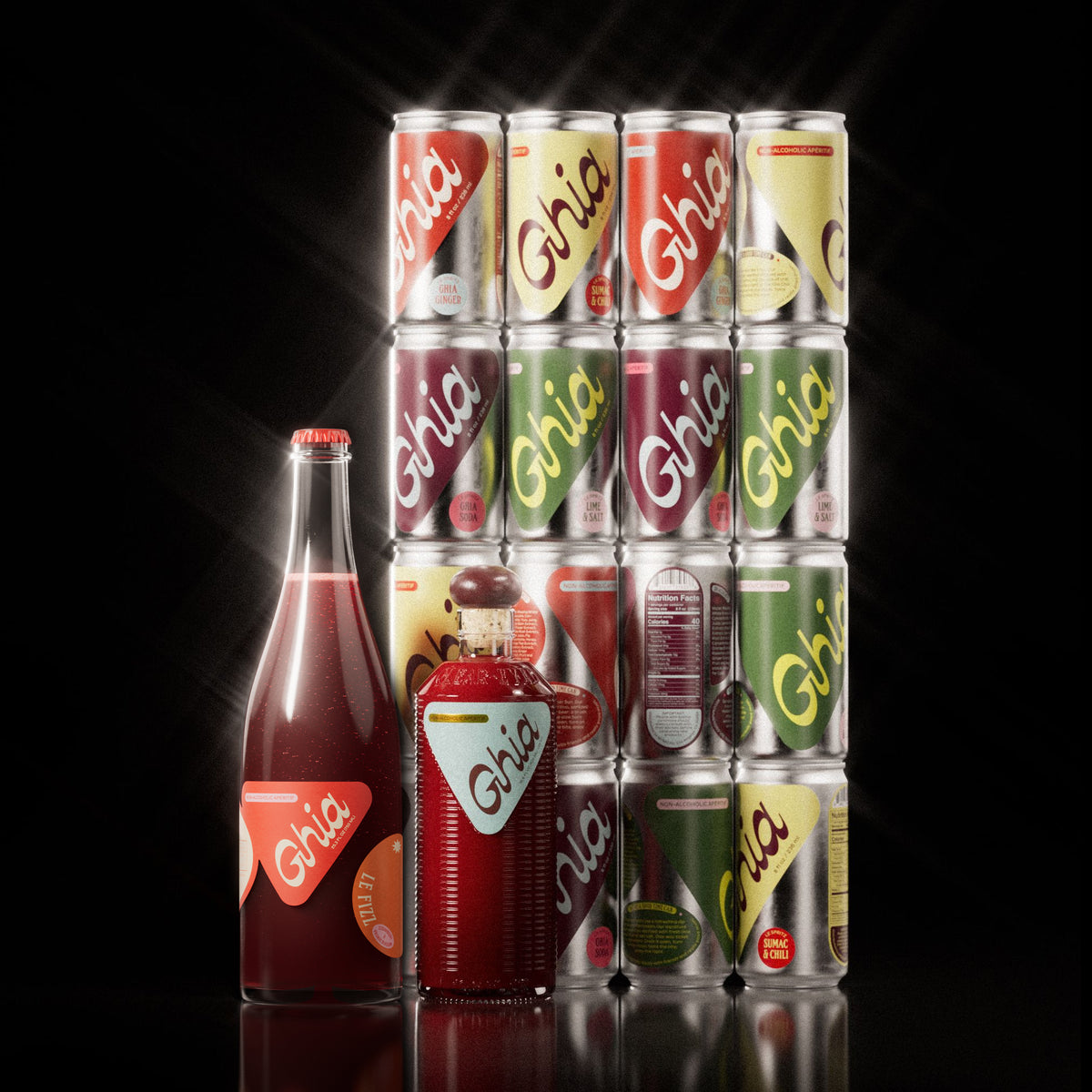 Ghia Bestseller Bundle displayed on a reflective surface, featuring a tall 750ml bottle of Le Fizz with a red label, a sleek 500ml bottle of the Apéritif in deep red or berry tones, and a neatly stacked 12-pack of Le Spritz cans in vibrant colors—Sumac & Chili, Ghia Soda, Ghia Ginger, and Lime & Salt. A visually striking non-alcoholic beverage set designed for elevated, mindful drinking.