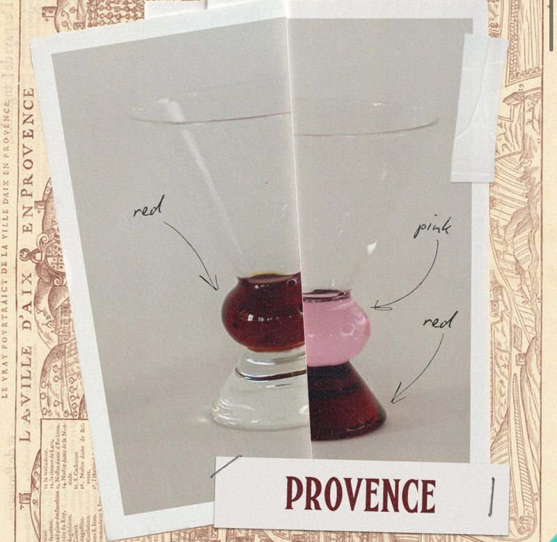 Illustrated card of the Provence glasses with labeled red and pink sculpted stems