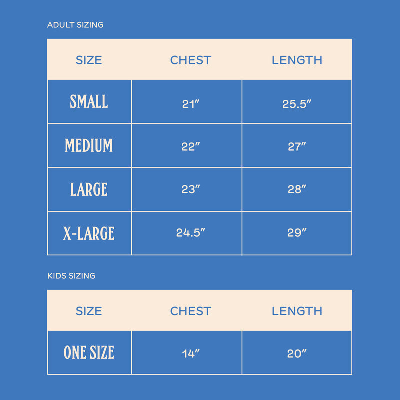 Ghia Jersey size chart: adult small to x-large chest and length measurements, plus one-size kids