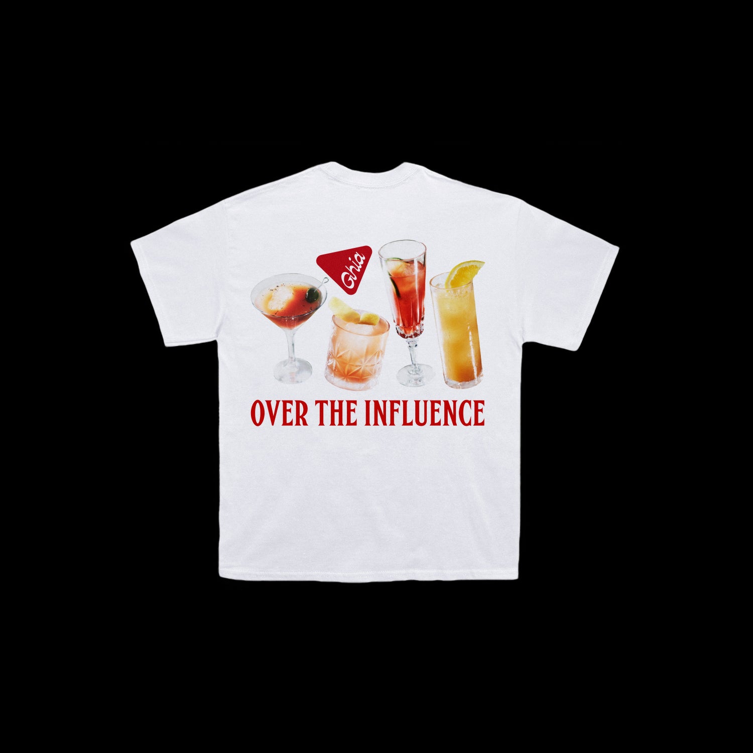 A white T-shirt featuring images of four cocktails, a red Ghia logo, and bold red text reading