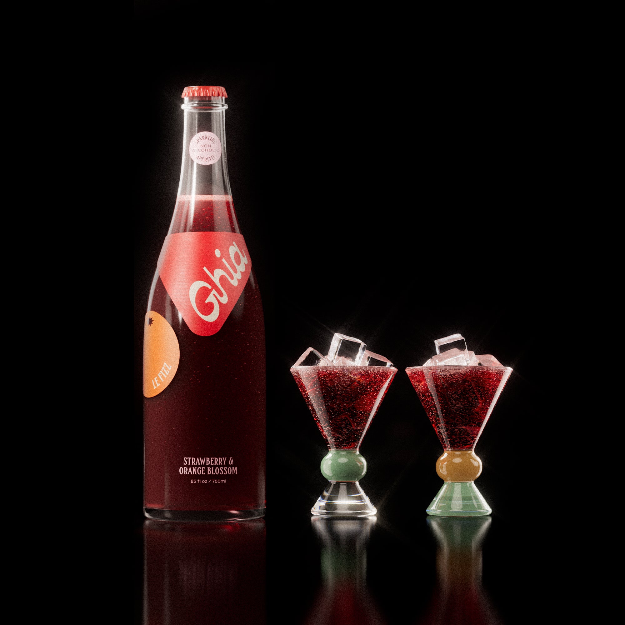Non-alcoholic spritz in a bottle filled with a deep red strawberry and orange blossom beverage, featuring red labels. Alongside decorative cocktail glass that has a clear, jade and sand base.