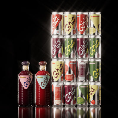 An assortment of Ghia branded beverages displayed, including bottles of Original Apéritif and Berry Apéritif, along with a 16-pack of Le Spritz in various flavors.