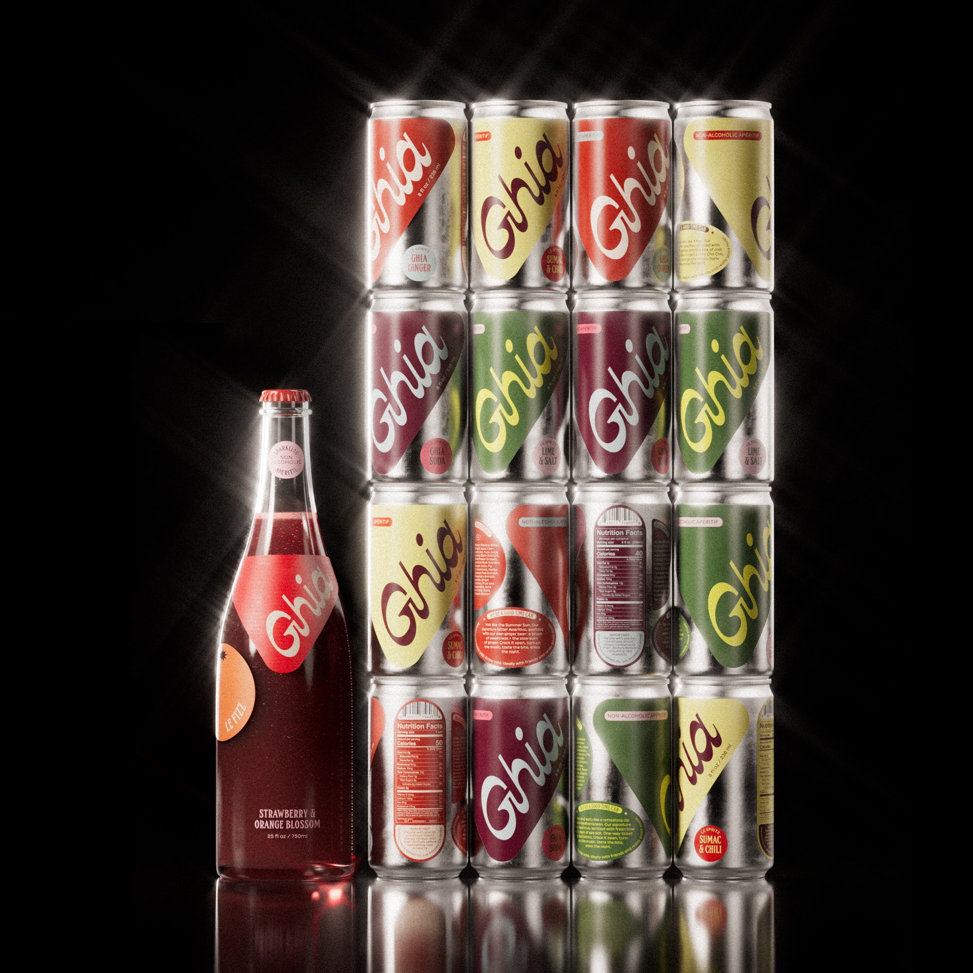 A variety of non-alcoholic spritz cans in vibrant flavors like Sumac & Chili, Ghia Soda, Ghia Ginger, and Lime & Salt, alongside a deep red glass bottle of an strawberry and orange blossom aperitif. A refreshing, alcohol-free beverage for mindful drinking.