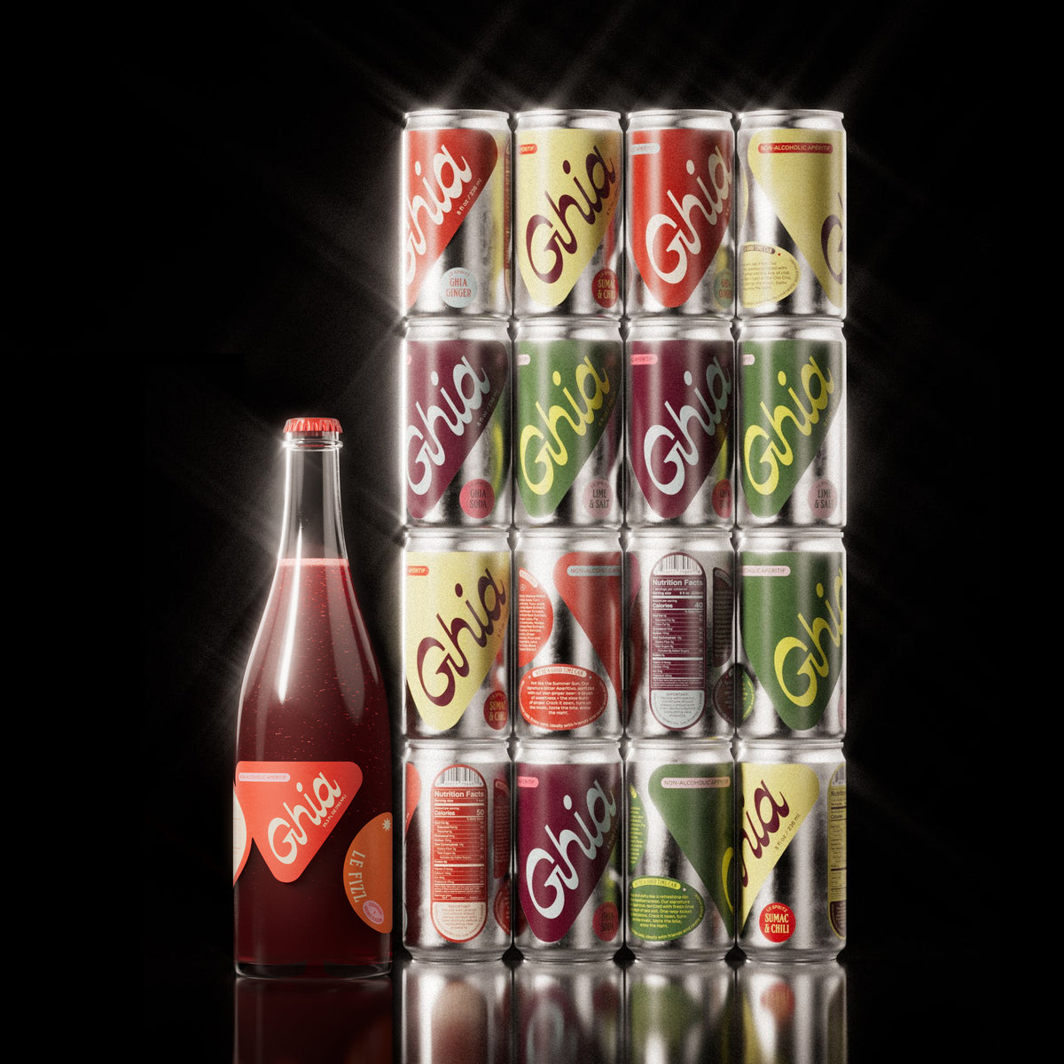 A variety of non-alcoholic spritz cans in vibrant flavors like Sumac & Chili, Ghia Soda, Ghia Ginger, and Lime & Salt, alongside a deep red glass bottle of an strawberry and orange blossom aperitif. A refreshing, alcohol-free beverage for mindful drinking.