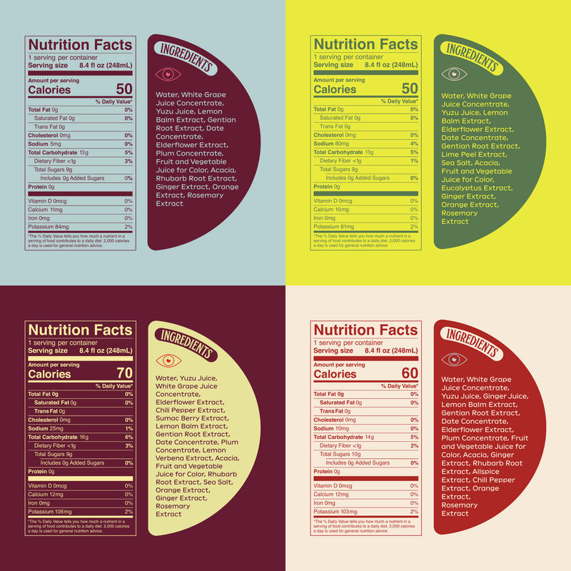 Nutrition labels for Ghia Le Spritz flavors: OG Spritz, Ghia Ginger, Lime & Salt, and Sumac & Chili. Serving size: 8.4fl oz (236-240ml). Calories per serving: 50-60. 0g fat, 0mg cholesterol, 0g protein. Carbs: 12-14g sugars. Ingredients include white grape juice, yuzu juice, lemon balm, and botanical extracts.