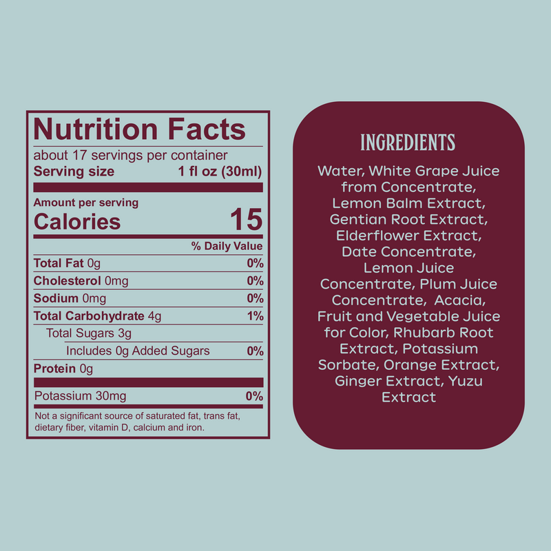 Nutrition label for Ghia Original Apéritif. Serving size: 1 fl oz (30ml). 15 calories per serving. 0g fat, 0mg cholesterol, 0mg sodium, 4g total carbohydrates, 3g total sugars, 0g added sugars, 0g protein. Ingredients include white grape juice, lemon balm, elderflower, and botanical extracts.