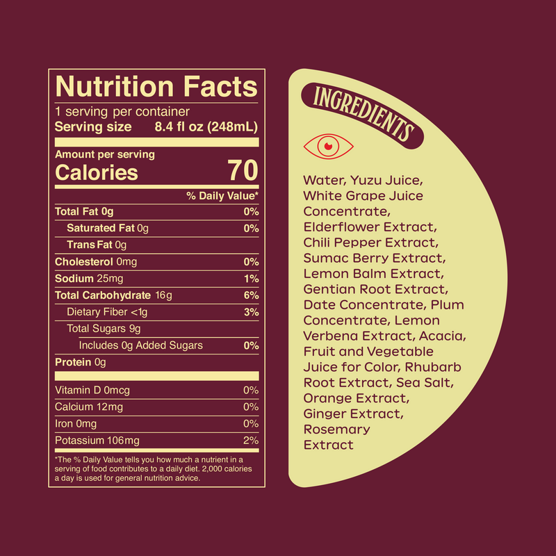 Nutrition label for Ghia Sumac & Chili. Serving size: 8.4 fl oz (236ml). 60 calories per serving. 0g fat, 0mg cholesterol, 25mg sodium, 14g total carbohydrates, 7g total sugars, 0g added sugars, 0g protein. Ingredients include yuzu juice, white grape juice, chili pepper, sumac, and botanical extracts.
