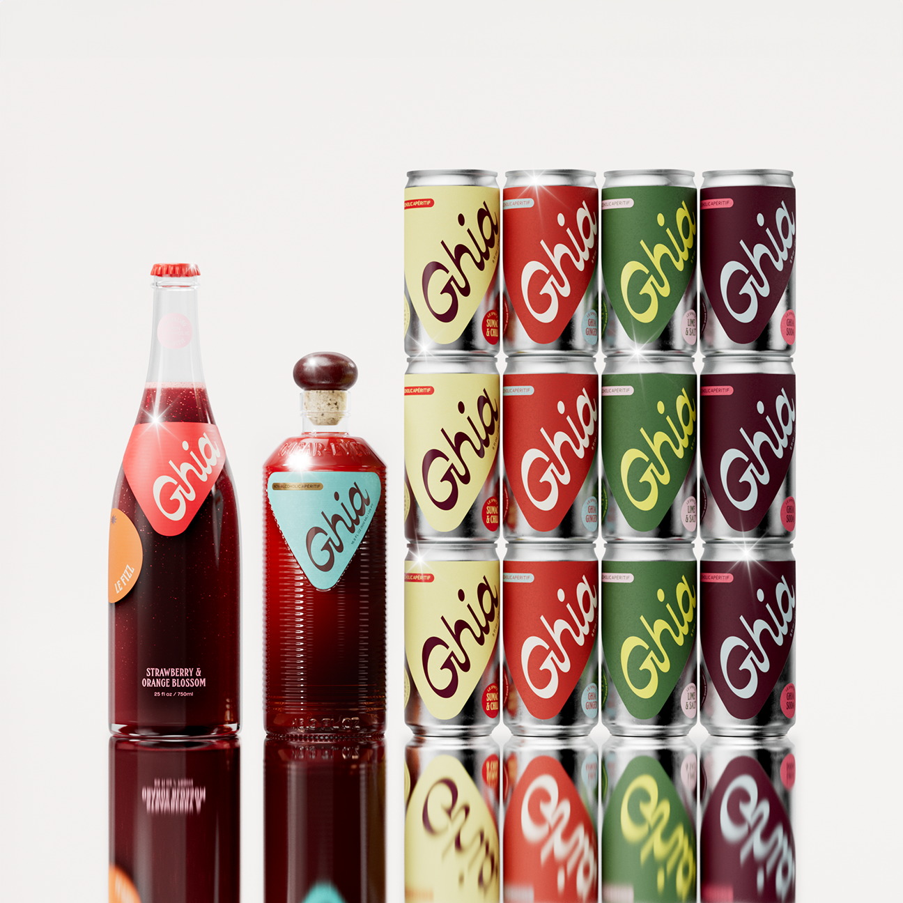 Ghia Bestseller Bundle displayed on a reflective surface, featuring a tall 750ml bottle of Le Fizz with a red label, a sleek 500ml bottle of the Apéritif in deep red or berry tones, and a neatly stacked 12-pack of Le Spritz cans in vibrant colors—Sumac & Chili, Ghia Soda, Ghia Ginger, and Lime & Salt. A visually striking non-alcoholic beverage set designed for elevated, mindful drinking.