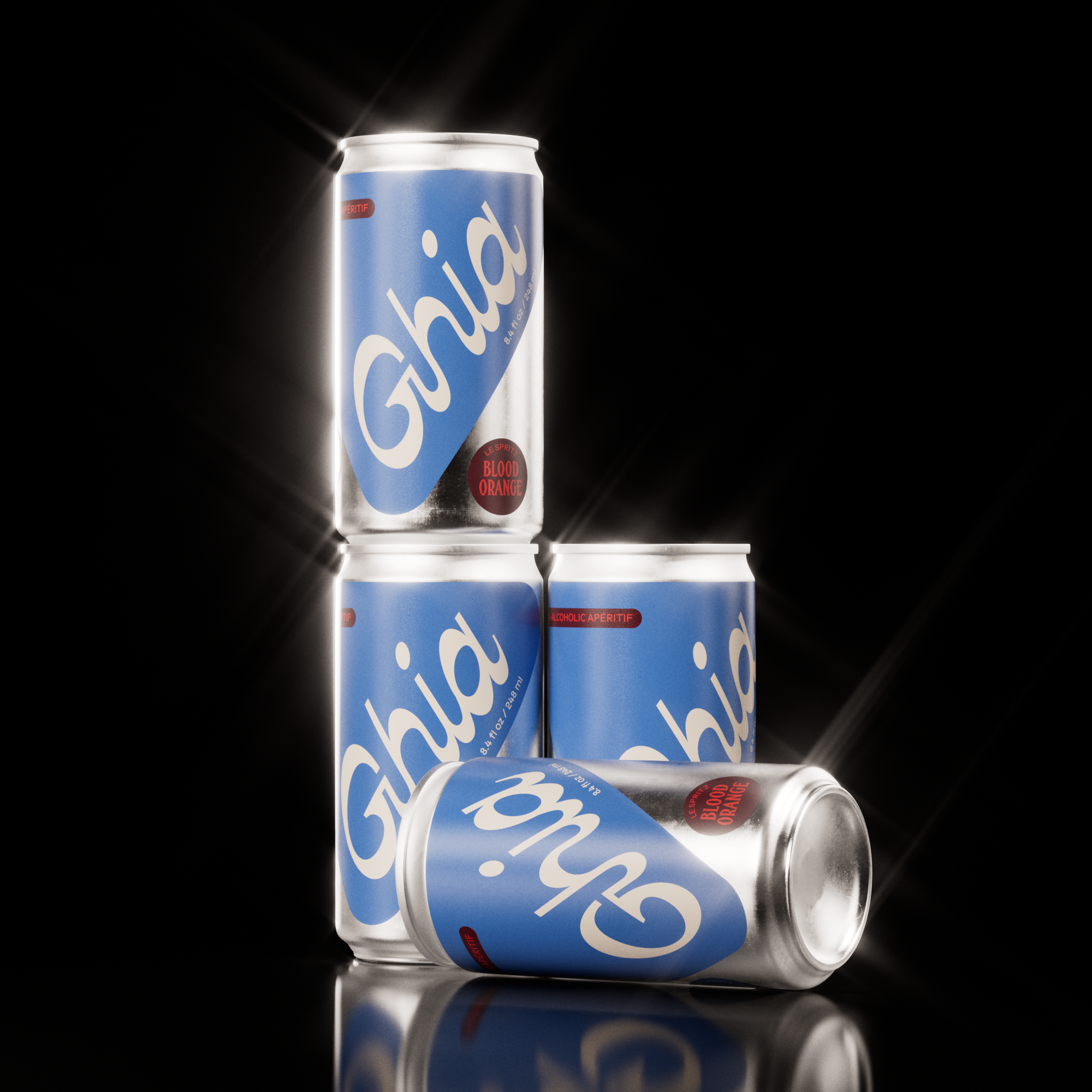 Four silver and blue cans of Ghia non-alcoholic aperitif, Blood Orange flavor, stacked against a black background with reflective lighting.