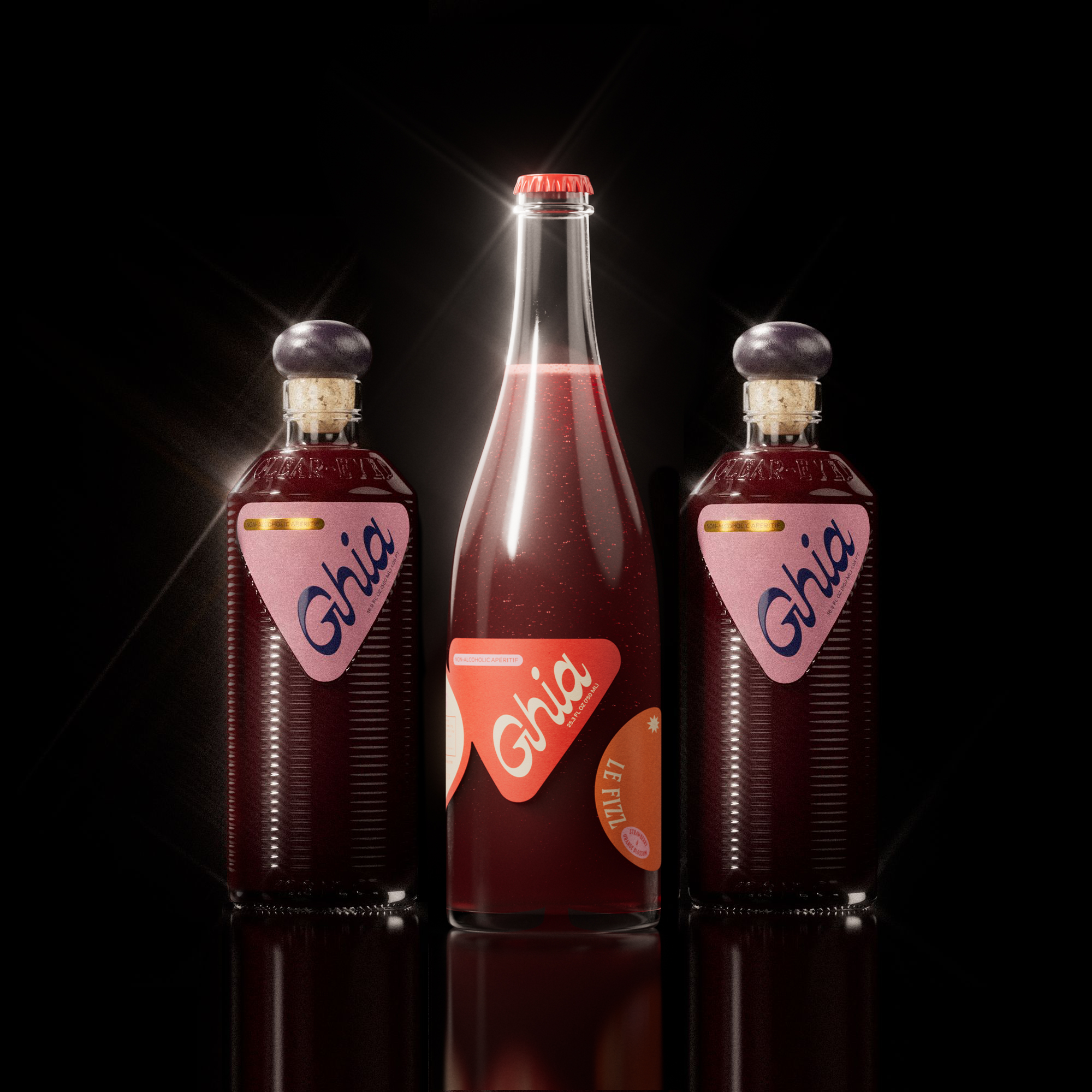 Ghia Bottle Bundle featuring a 750ml bottle of Le Fizz and two 500ml bottles of the Apéritif in Berry flavor, arranged on a reflective white background. A non-alcoholic beverage set designed for mindful drinking.
