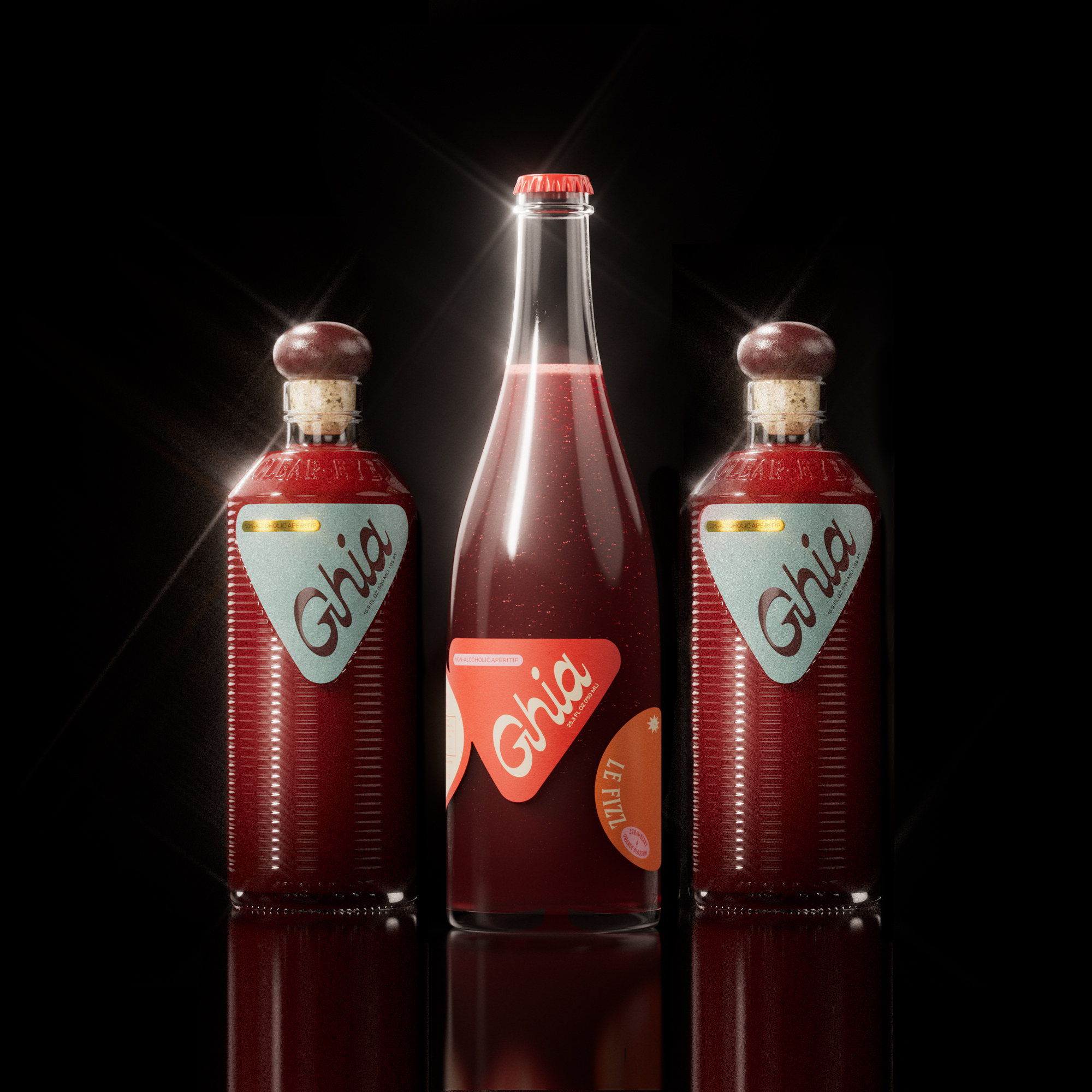 Ghia Bottle Bundle featuring a 750ml bottle of Le Fizz and two 500ml bottles of the Apéritif in Original flavor, arranged on a reflective white background. A non-alcoholic beverage set designed for mindful drinking.