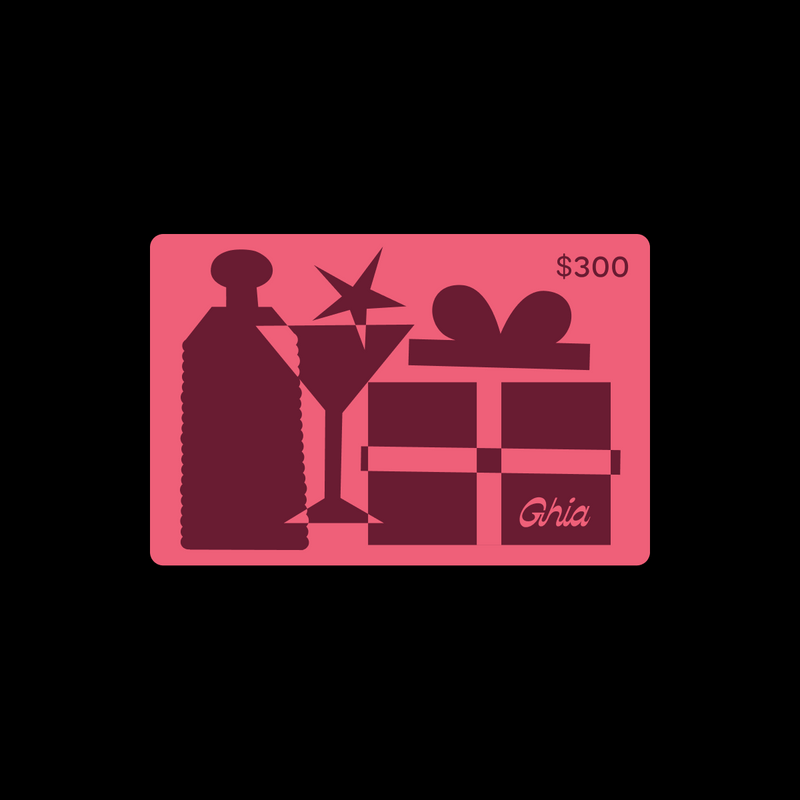 $300 Ghia gift card in pink with burgundy bottle, coupe glass and gift box illustration