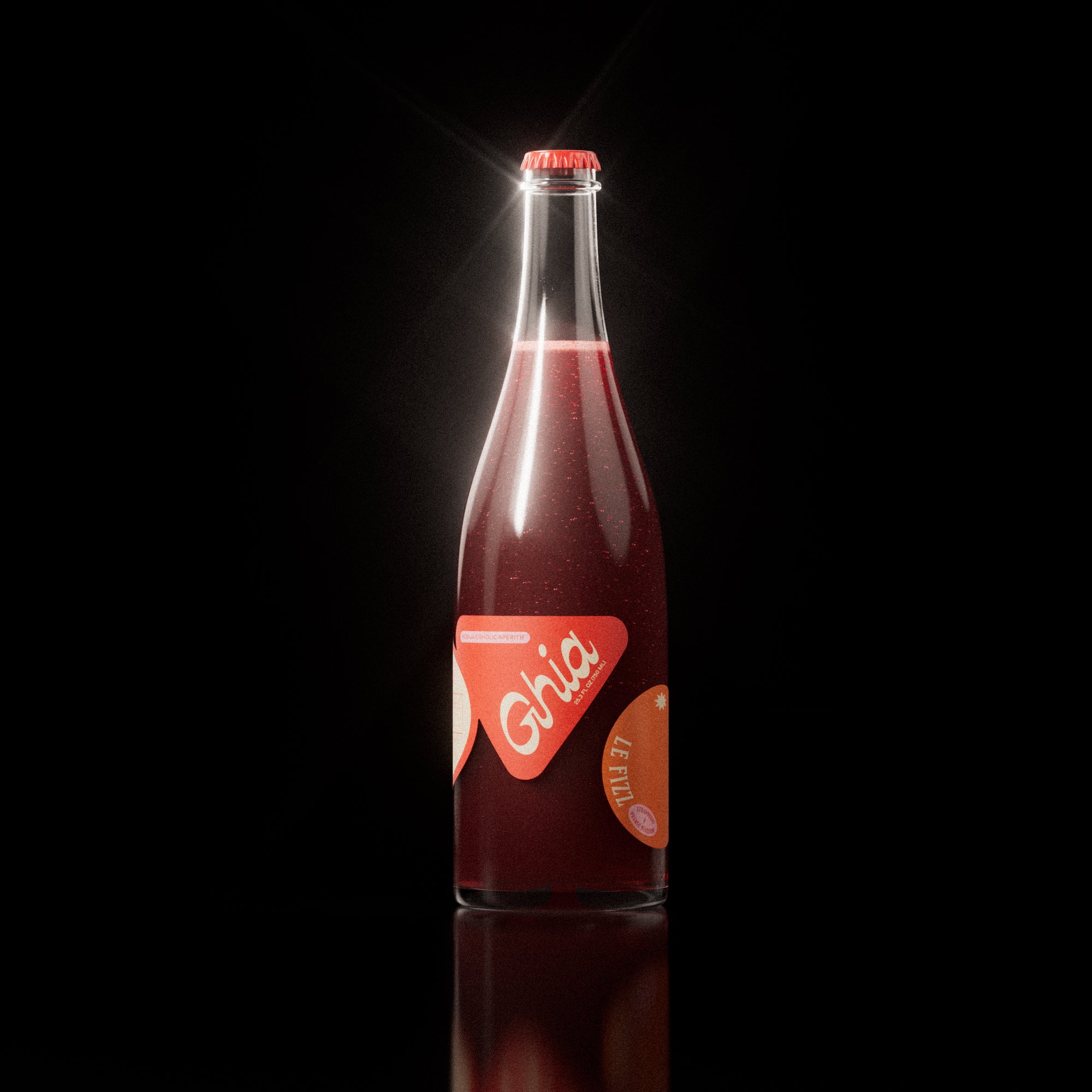 Non-alcoholic spritz in a bottle filled with a deep red strawberry and orange blossom beverage, featuring red labels.