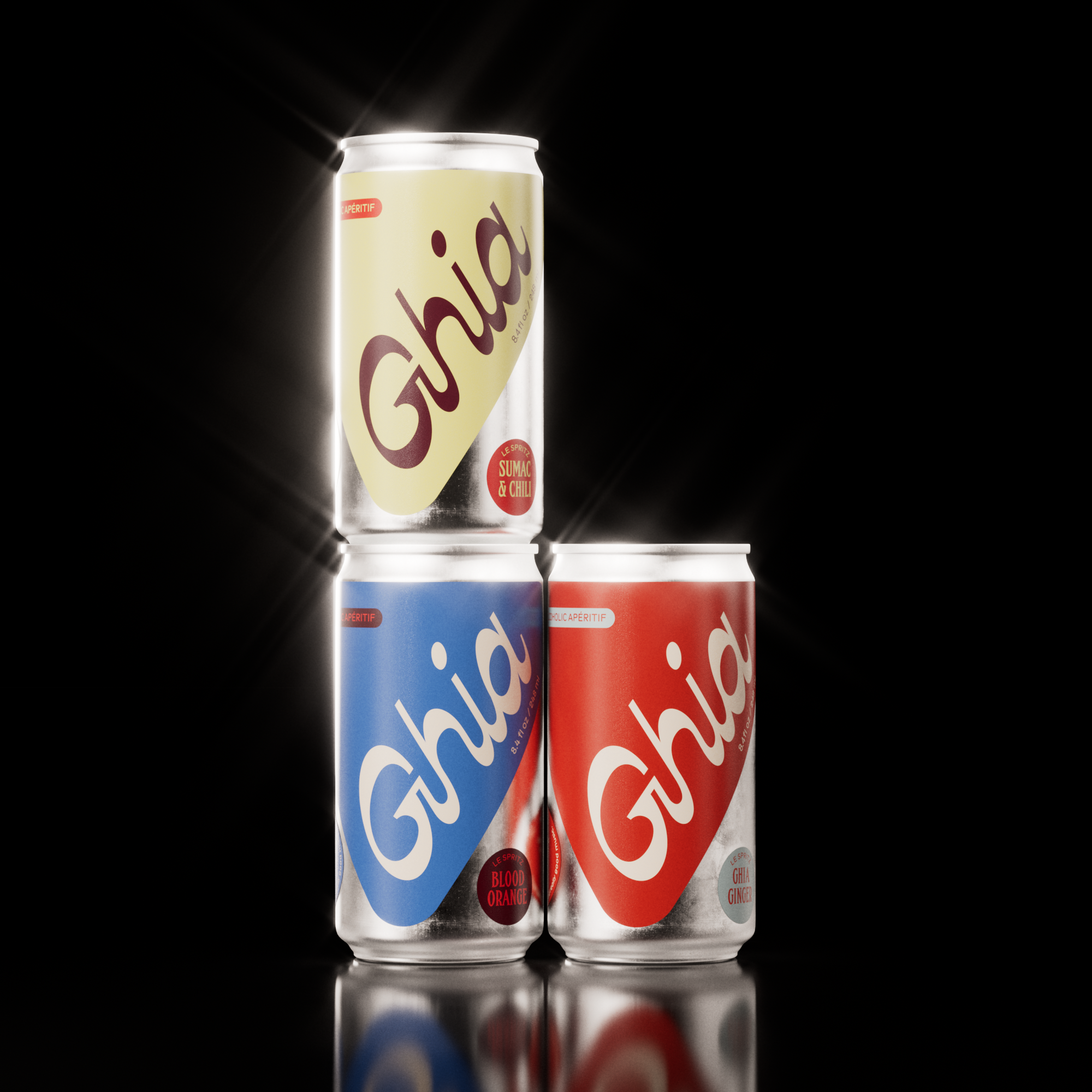 Three Ghia non-alcoholic spritz cans in yellow, blue, and red, featuring Sumac & Chili, Blood Orange, and Ghia Ginger flavors, arranged against a black background.