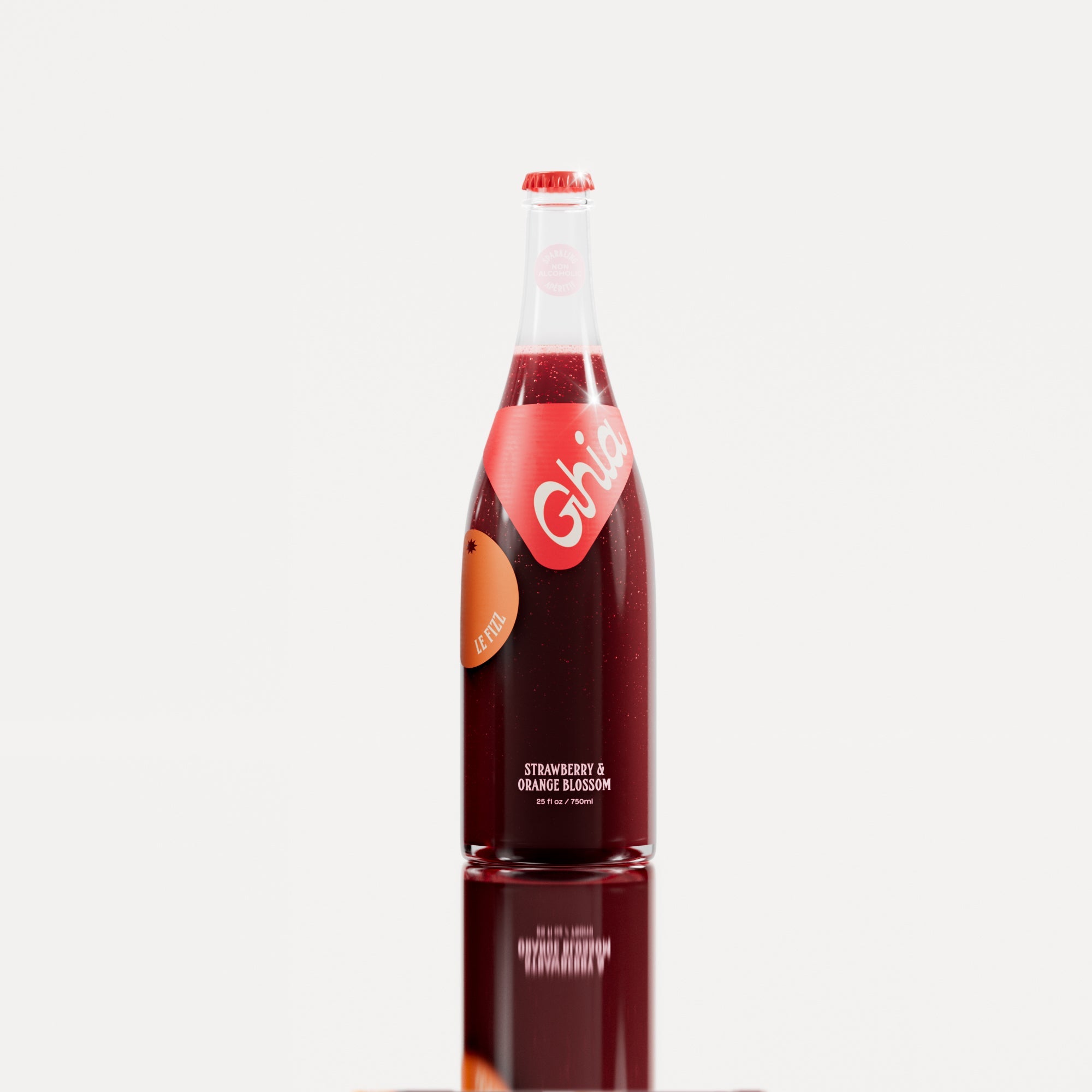 Non-alcoholic spritz in a bottle filled with a deep red strawberry and orange blossom beverage, featuring red labels.