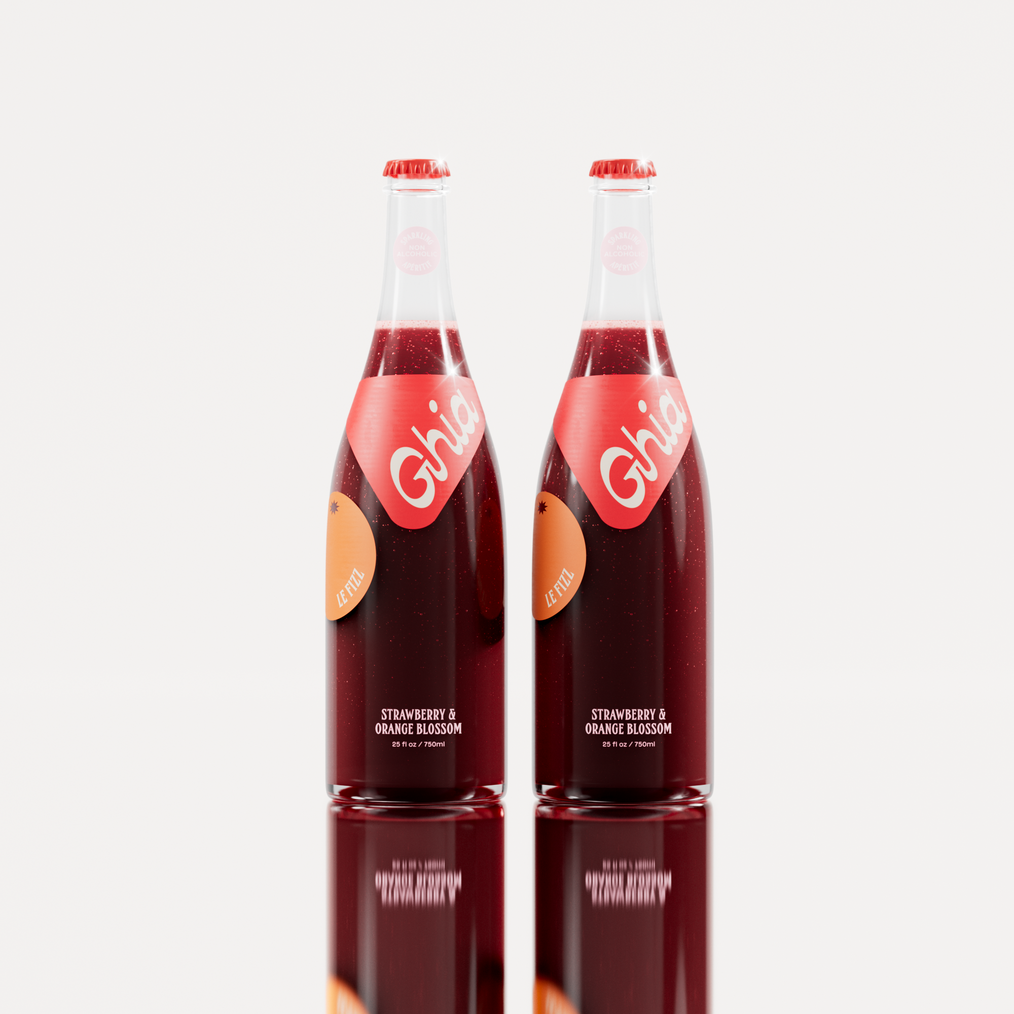 Two non-alcoholic spritz Ghia bottles filled with a deep red strawberry and orange blossom beverage, featuring red labels and sealed with matching red caps.