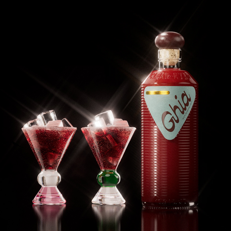 Ghia aperitif bottle beside two sculpted glasses of red spritz over ice with rose and green stems