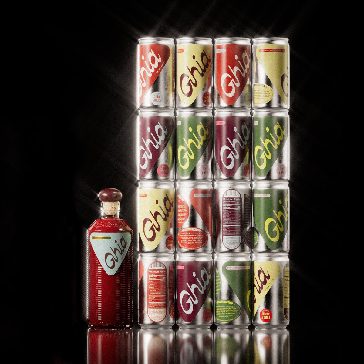 A Ghia non-alcoholic Original Apéritif set and non-alcoholic spritz cans in yellow, orange, green, and berry hues that represent the 4 flavors (Ghia-Soda, Ghia-Ginger, Lime & Salt, Sumac & Chili)