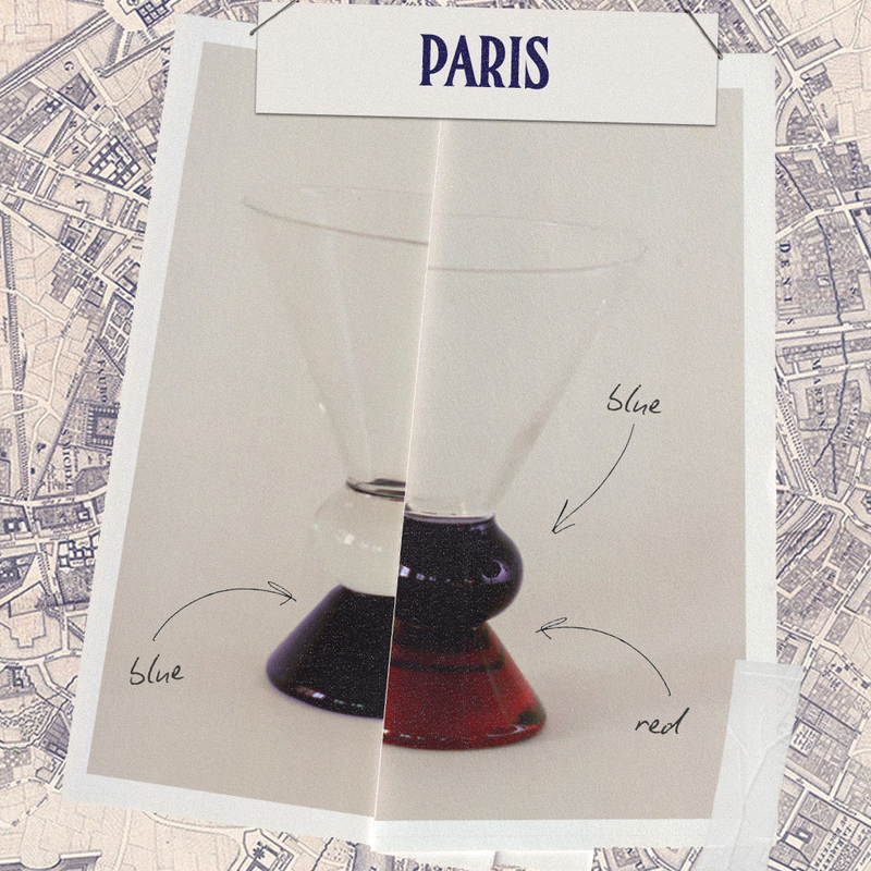 Paris colorway Ghia Totem glass with dark red base in front of its labeled design sketch