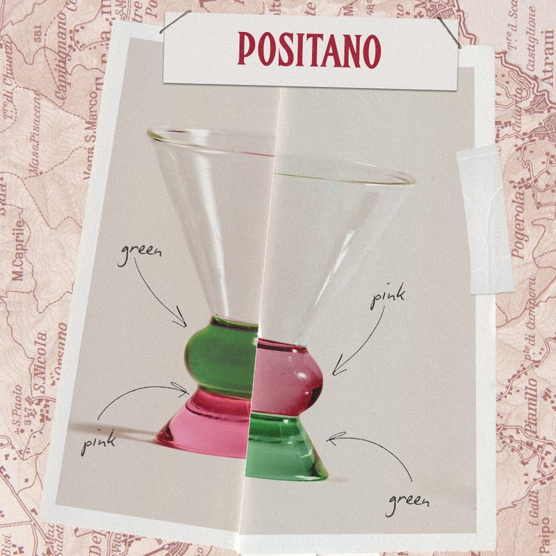 Positano colorway Ghia Totem glass with pink and green base in front of its labeled design sketch