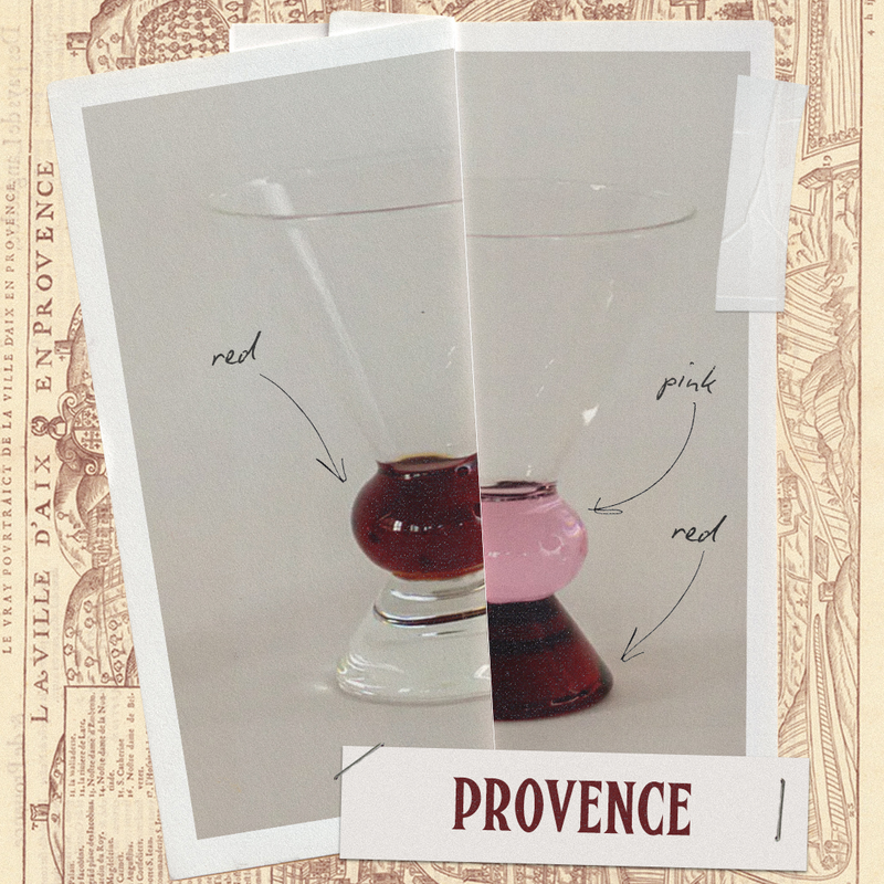 Provence colorway Ghia Totem glass with red and pink base in front of its labeled design sketch