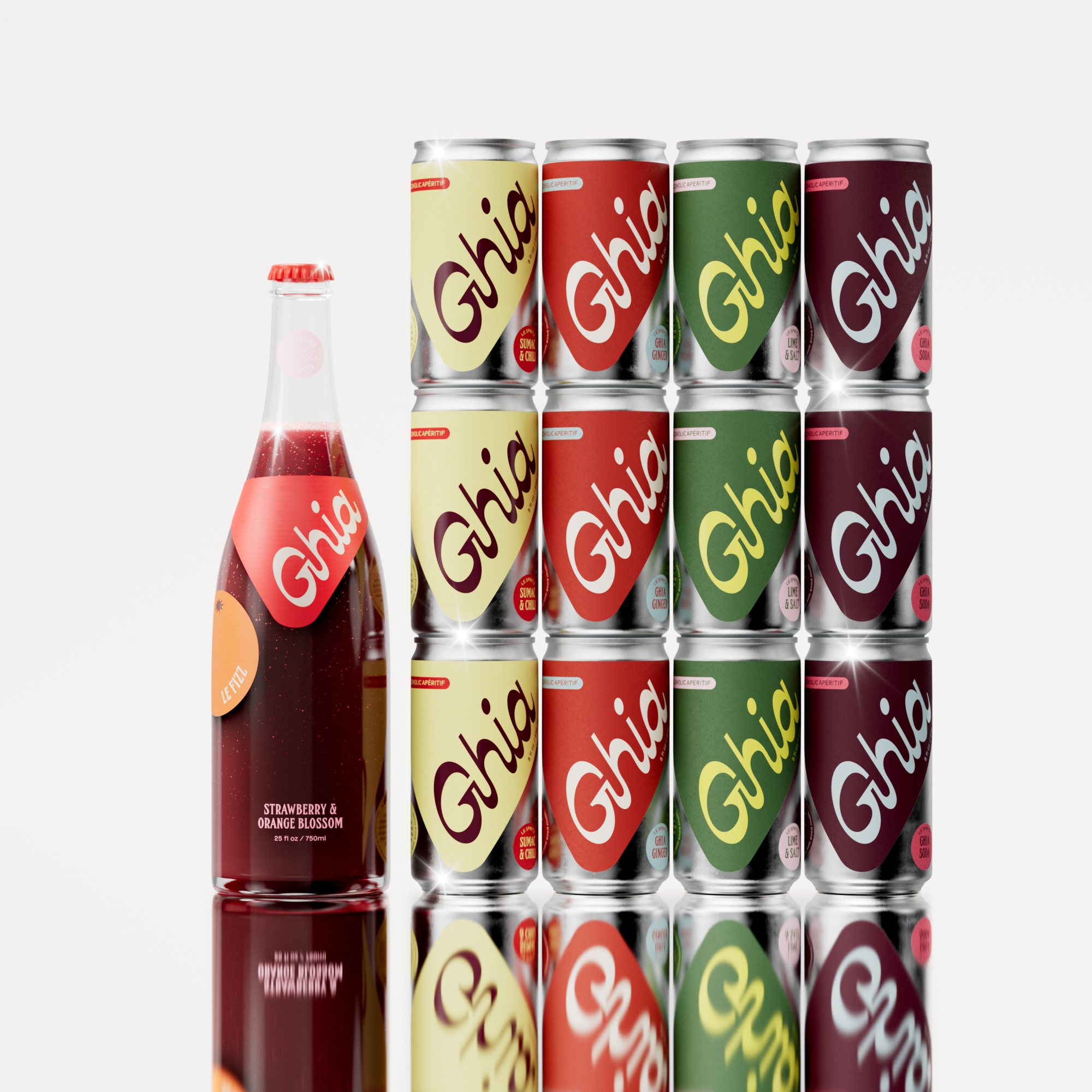 A variety of non-alcoholic spritz cans in vibrant flavors like Sumac & Chili, Ghia Soda, Ghia Ginger, and Lime & Salt, alongside a deep red glass bottle of an strawberry and orange blossom aperitif. A refreshing, alcohol-free beverage for mindful drinking.