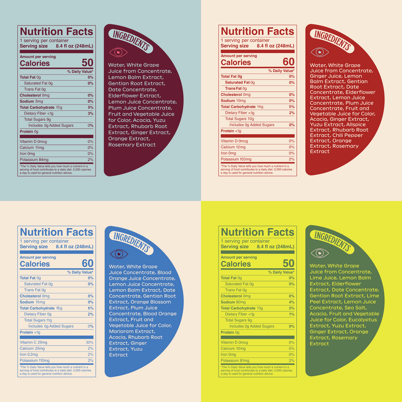 Nutrition facts and ingredient panels for four Ghia flavors, 50 to 60 calories per serving