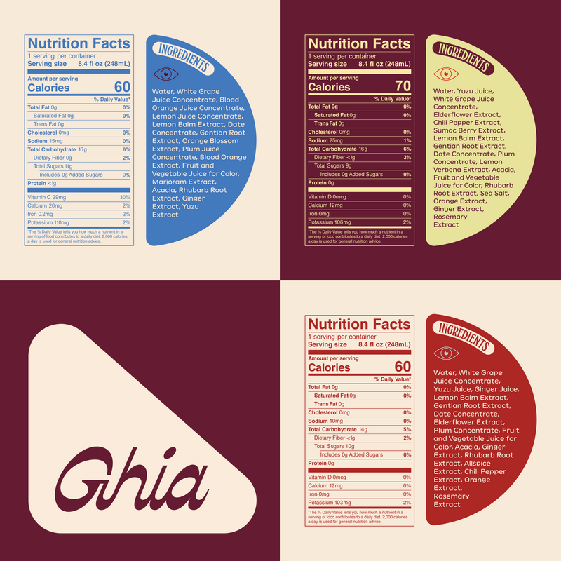 Nutrition facts and ingredient lists for Ghia flavors, 50-70 calories per serving, with grape juice, yuzu and botanicals