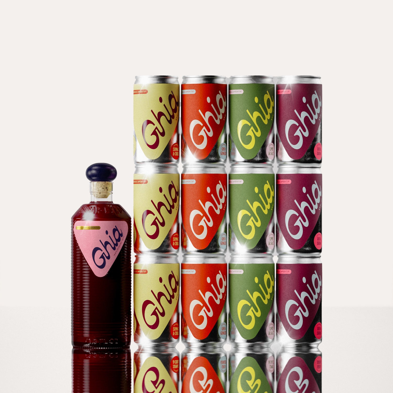 A Ghia non-alcoholic Berry Apéritif set and non-alcoholic spritz cans in yellow, orange, green, and berry hues that represent the 4 flavors (Ghia-Soda, Ghia-Ginger, Lime & Salt, Sumac & Chili)