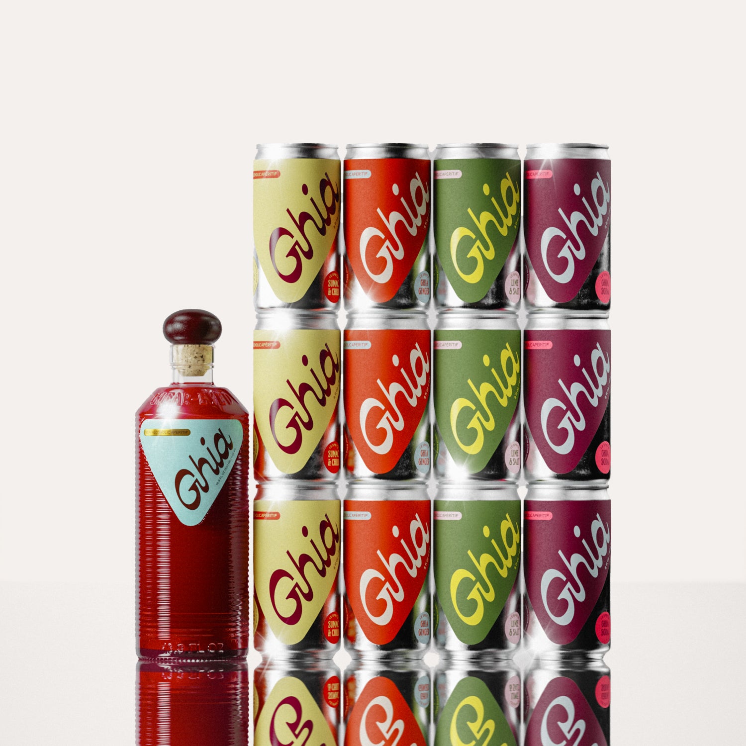 A Ghia non-alcoholic Original Apéritif set and non-alcoholic spritz cans in yellow, orange, green, and berry hues that represent the 4 flavors (Ghia-Soda, Ghia-Ginger, Lime & Salt, Sumac & Chili)