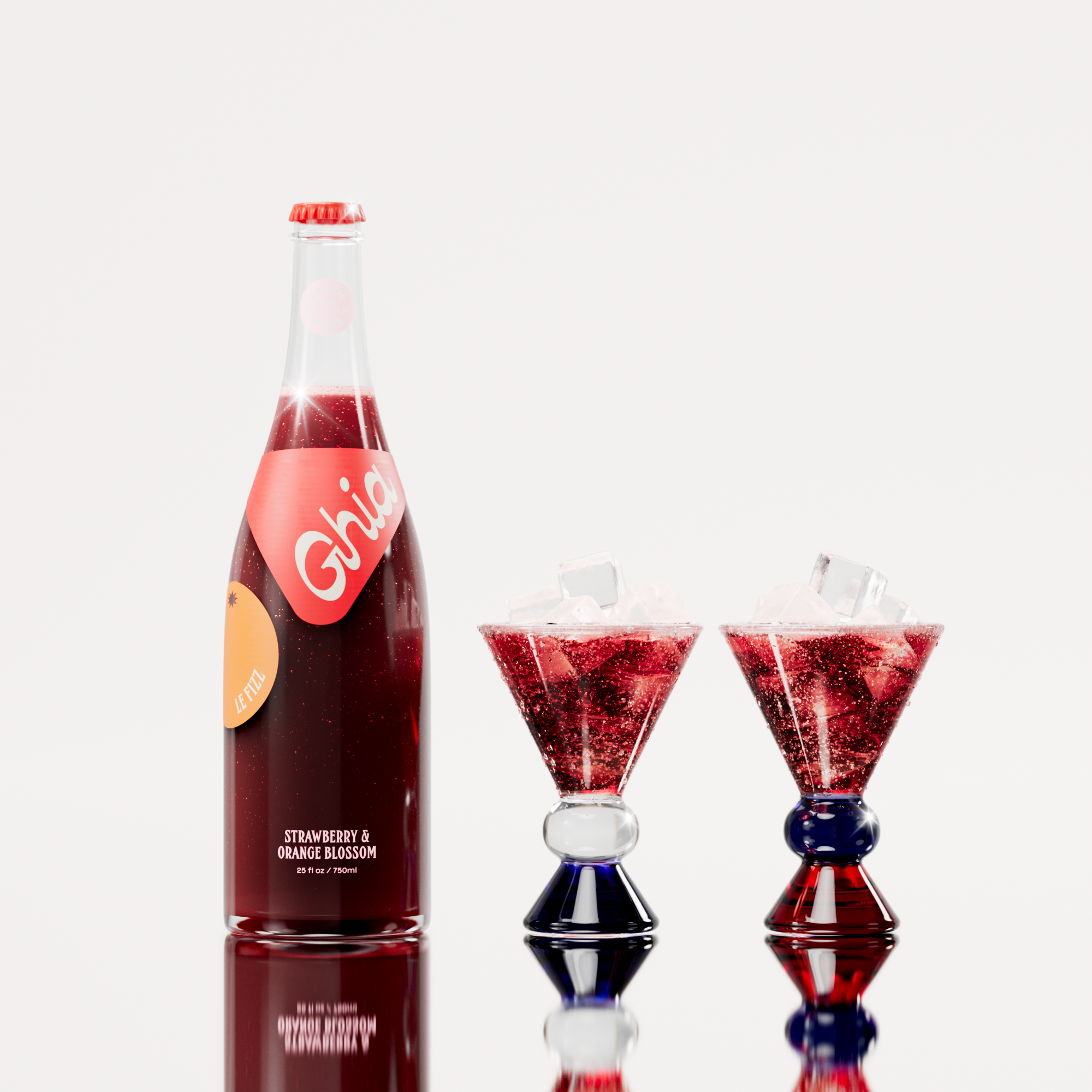 Non-alcoholic spritz in a bottle filled with a deep red strawberry and orange blossom beverage, featuring red labels. Alongside decorative cocktail glass that has a blue and amber base.