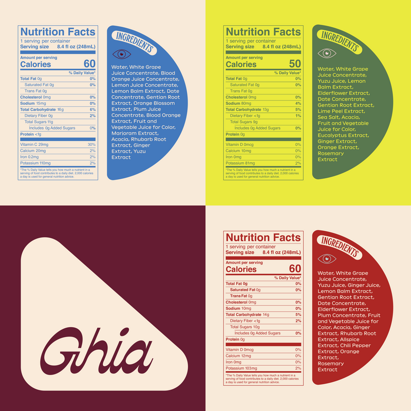 Nutrition facts and ingredient lists for Ghia flavors, 50-70 calories per serving, with grape juice, yuzu and citrus