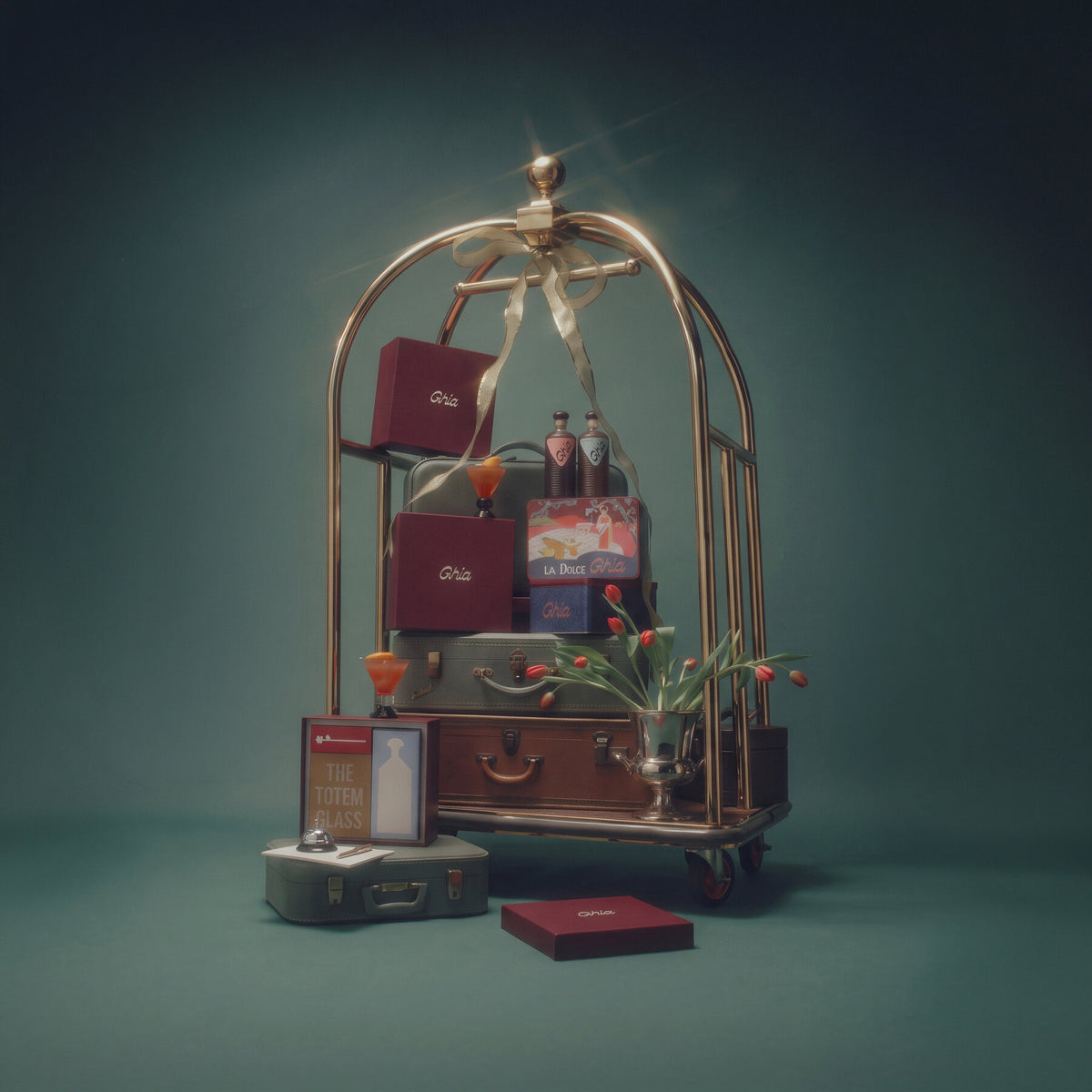 Luggage cart stacked with Ghia gifts
