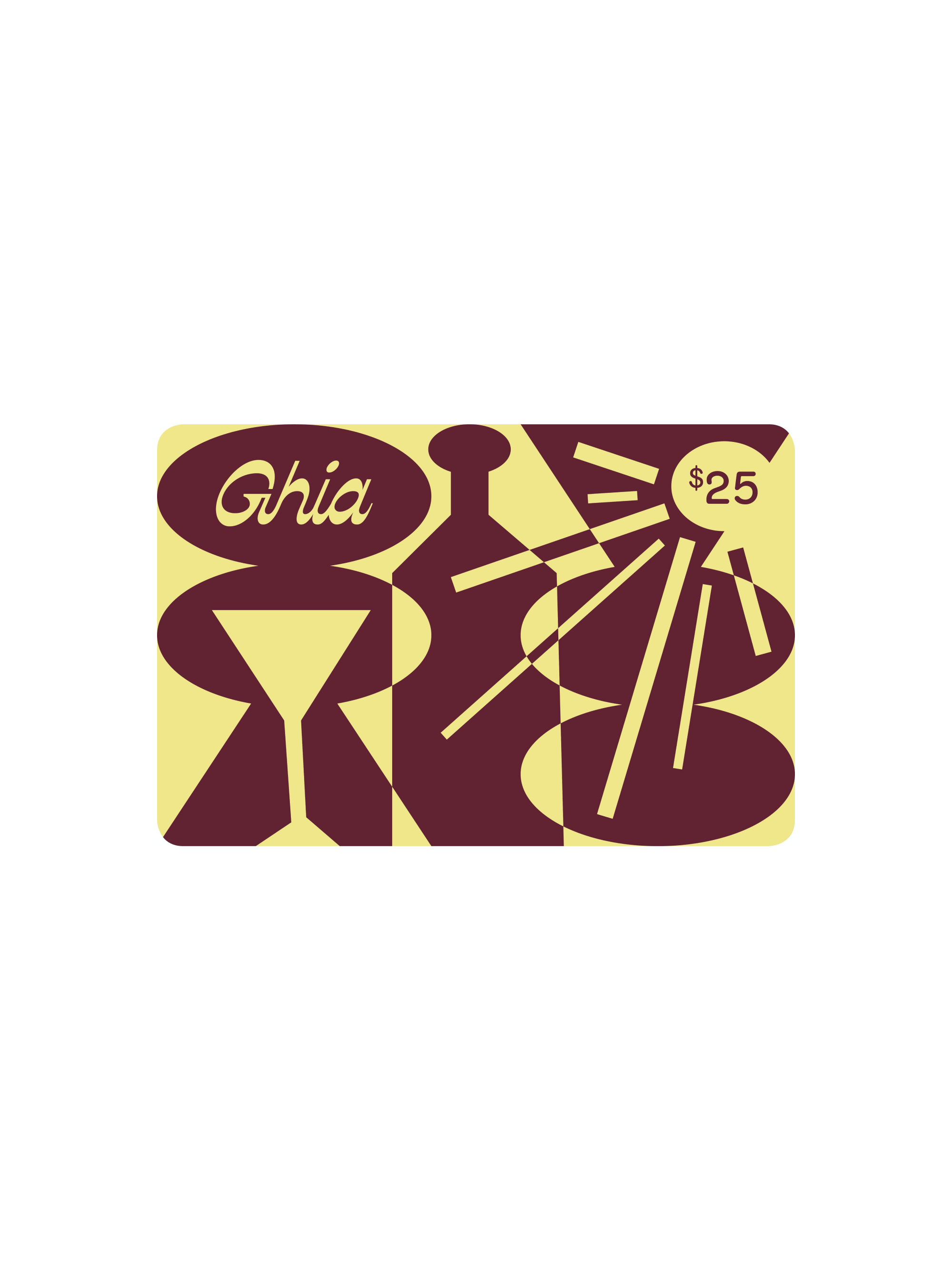 A stylized Ghia-branded graphic for a $25 giftcard with abstract burgundy shapes, including a bottle, glass, and sunburst, set against a yellow background.