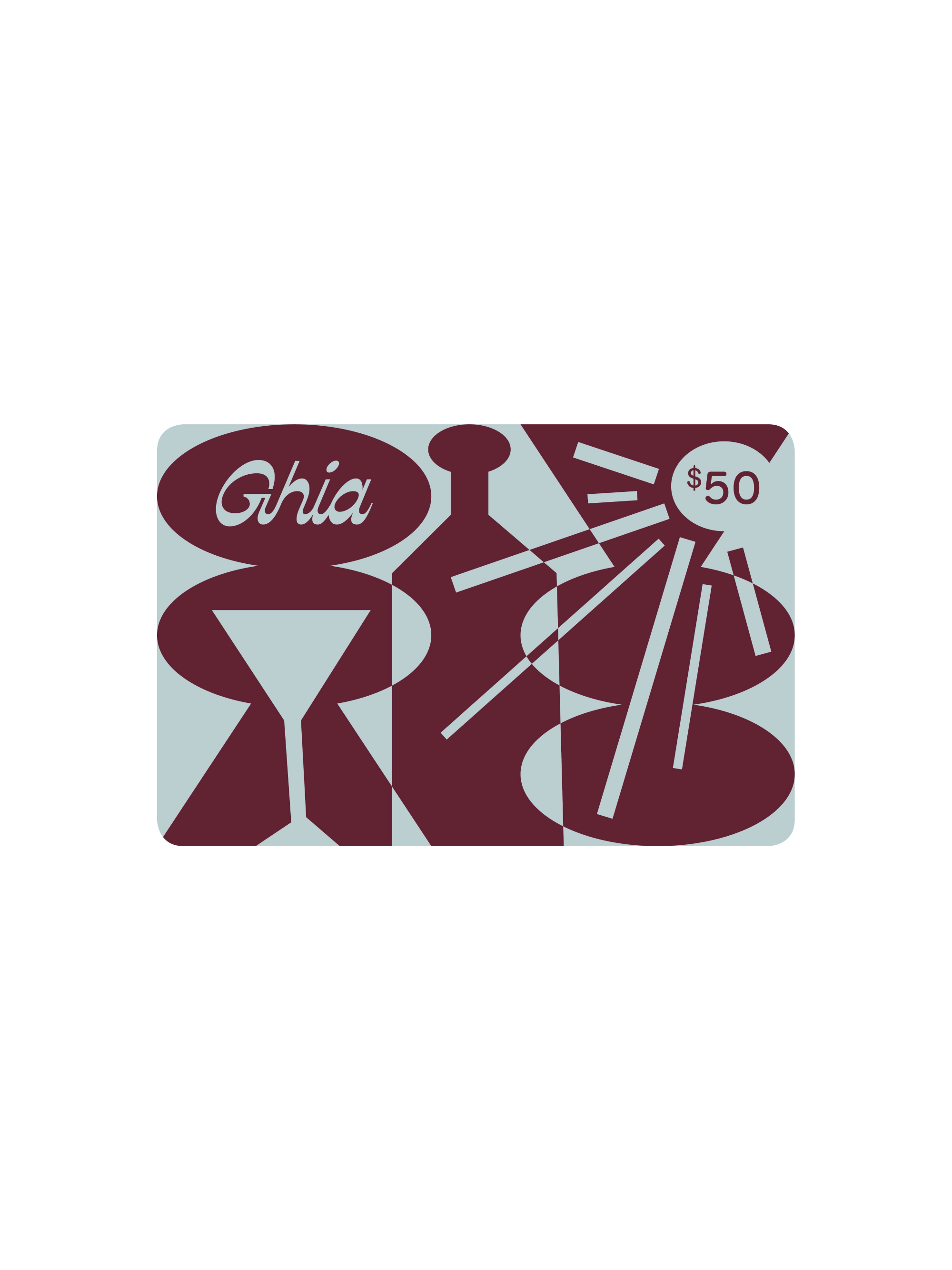 A stylized Ghia-branded graphic for a $50 giftcard with abstract burgundy shapes, including a bottle, glass, and sunburst, set against a light blue background.