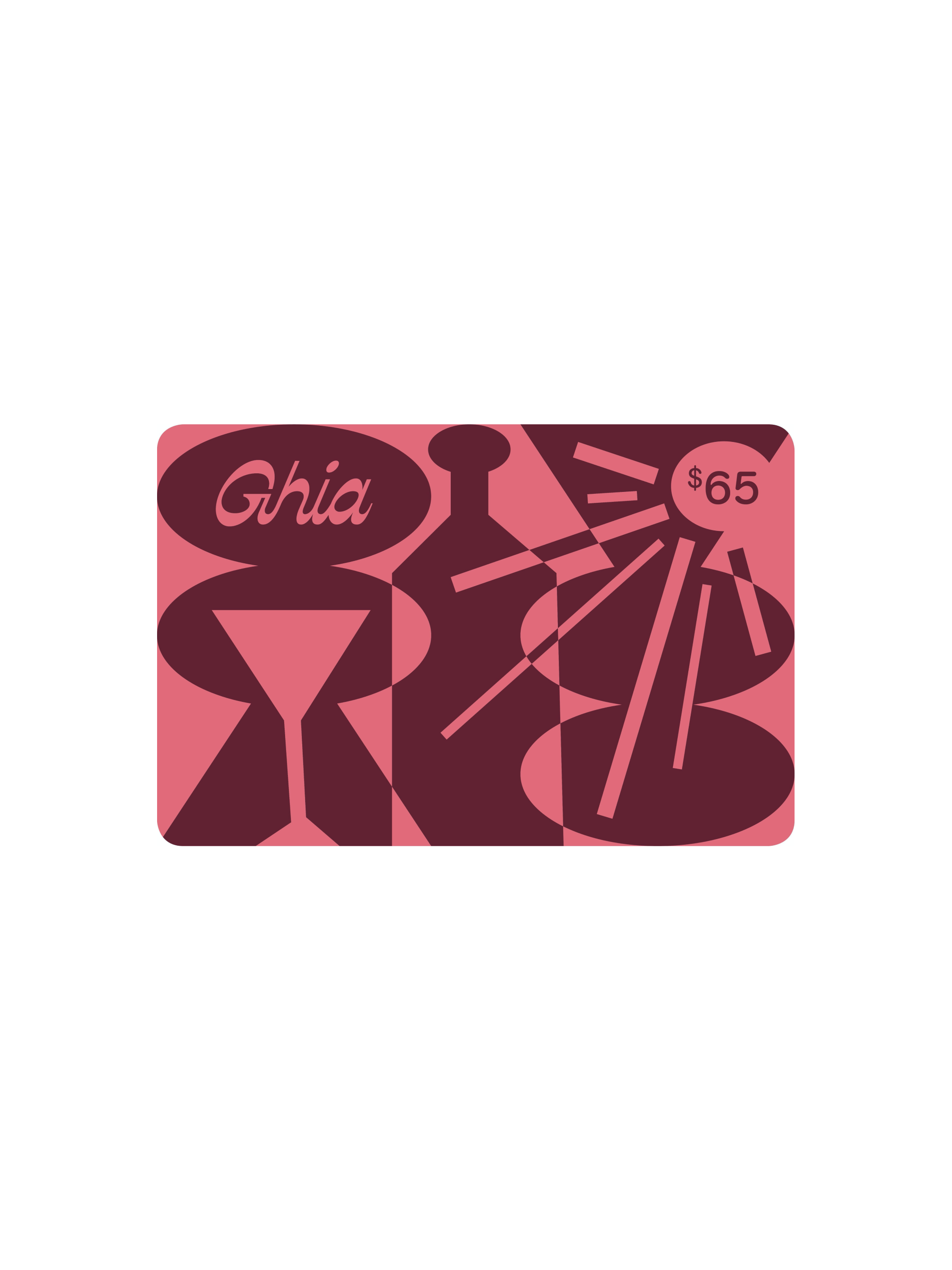 A stylized Ghia-branded graphic for a $65 giftcard with abstract burgundy shapes, including a bottle, glass, and sunburst, set against a pink background.